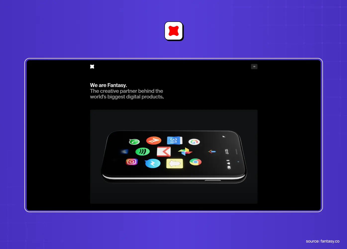 Fantasy's digital product design agency homepage showcasing a minimalist dark interface with interactive 3D product visuals and premium branding.