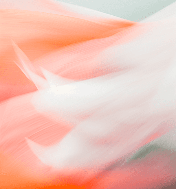A soft-focus image of a white and orange bird, slightly obscured, suggesting movement among blurred greenery.