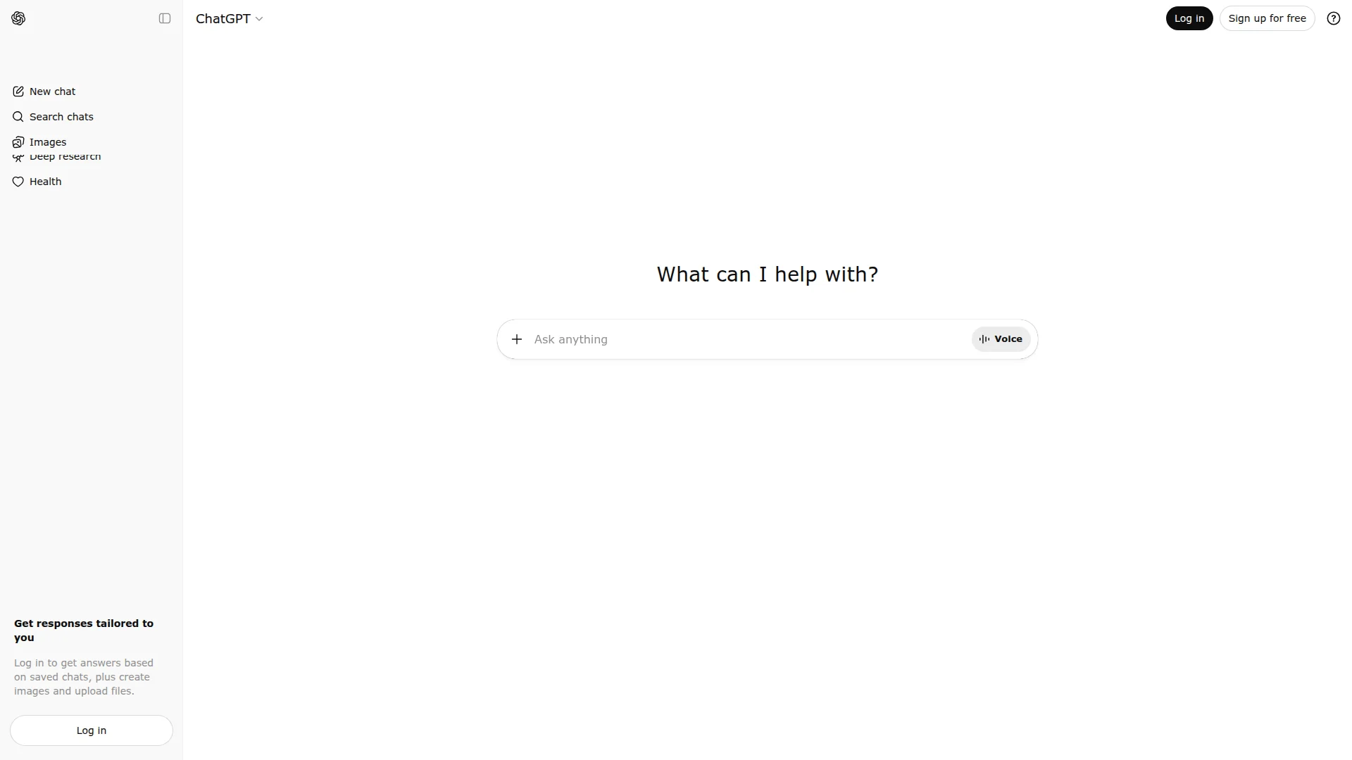 ChatGPT chat interface showing the Ask anything prompt with sidebar navigation