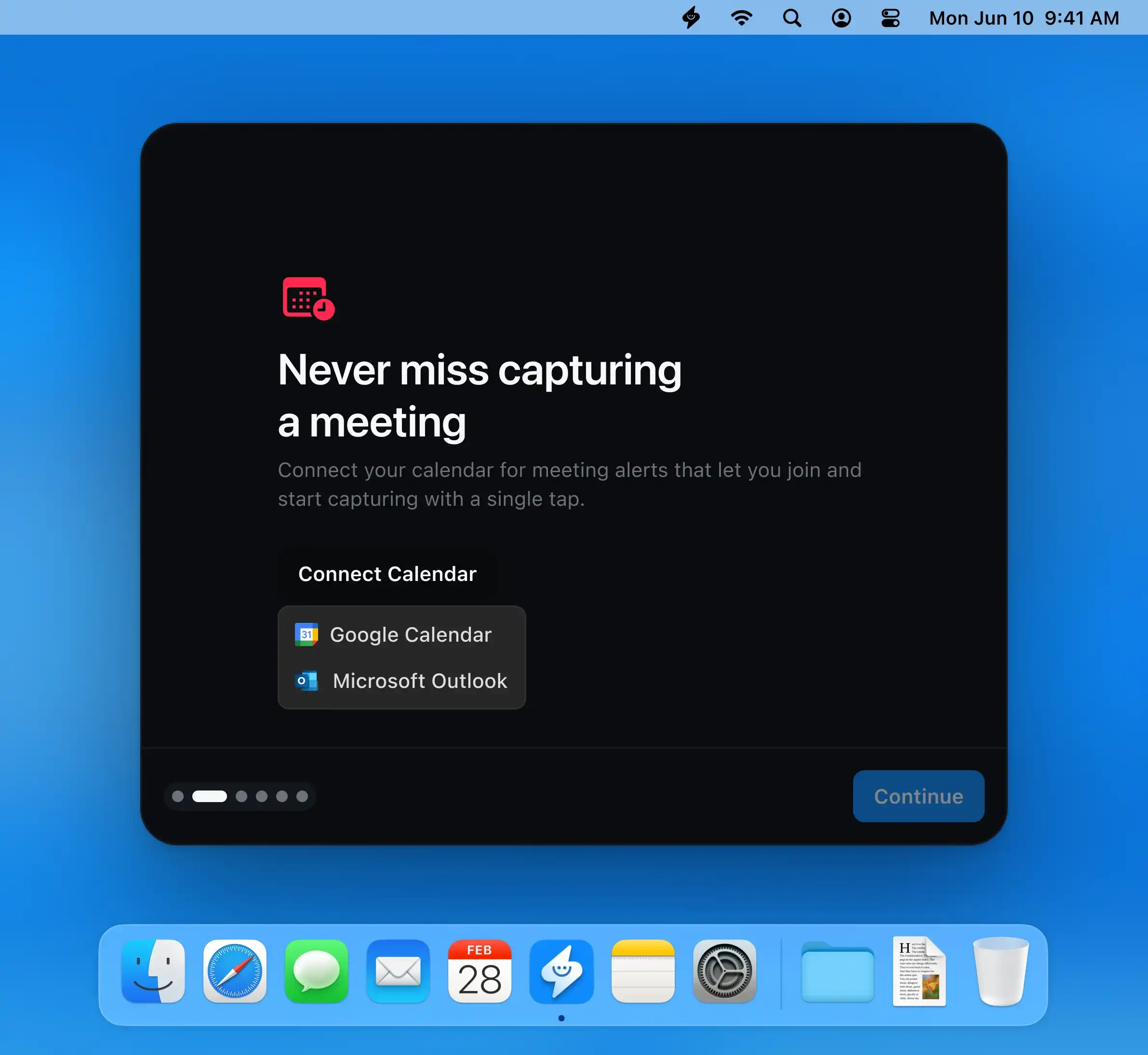 Supernormal Desktop App onboarding flow showing sign-in, calendar connection, audio permission setup, language selection, and quick setup steps.