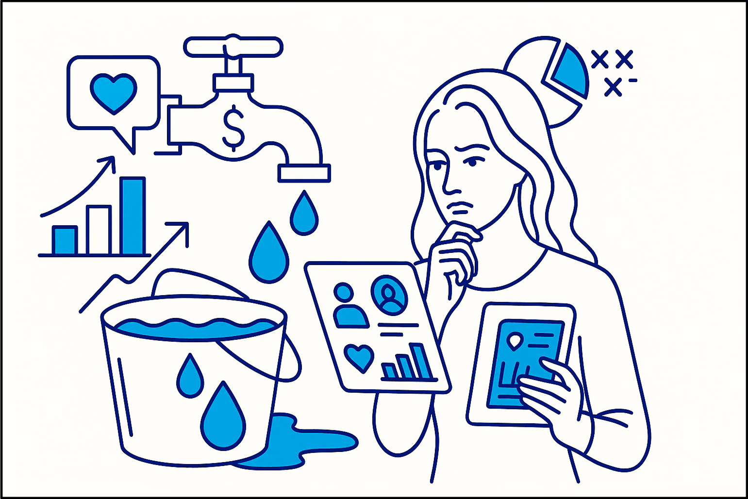 llustration of a woman with a tablet and analytics documents, water faucet dripping into a bucket, heart icons, and rising charts. Symbols of resource management, financial growth, and caring.