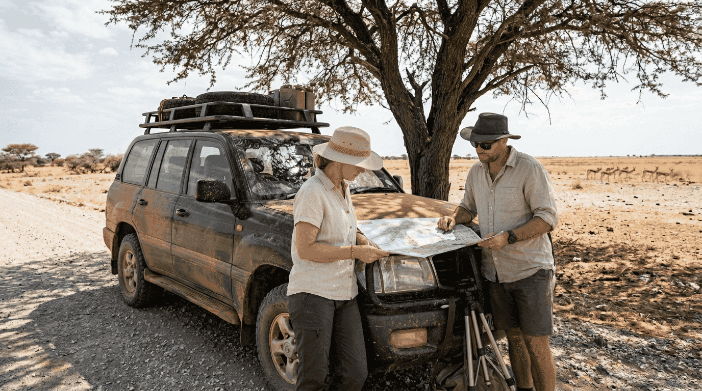 Couple planning luxury Namibia 4x4 safari