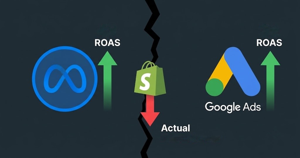 Illustration showing Meta and Google logos on opposite sides both claiming credit for a single Shopify order