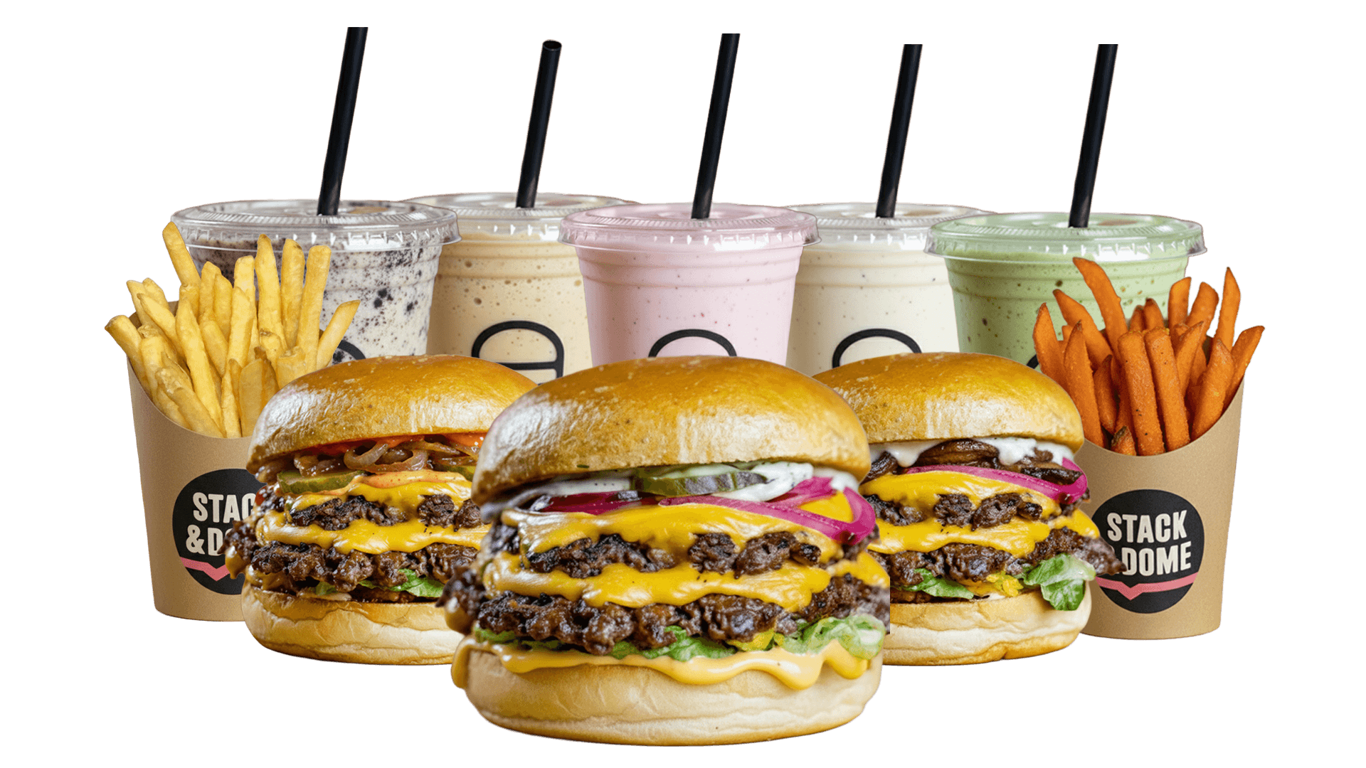 Our Blueprint Double smash burger sitting in a stack & dome bowl. with labled pointedat differnt parts of the burger