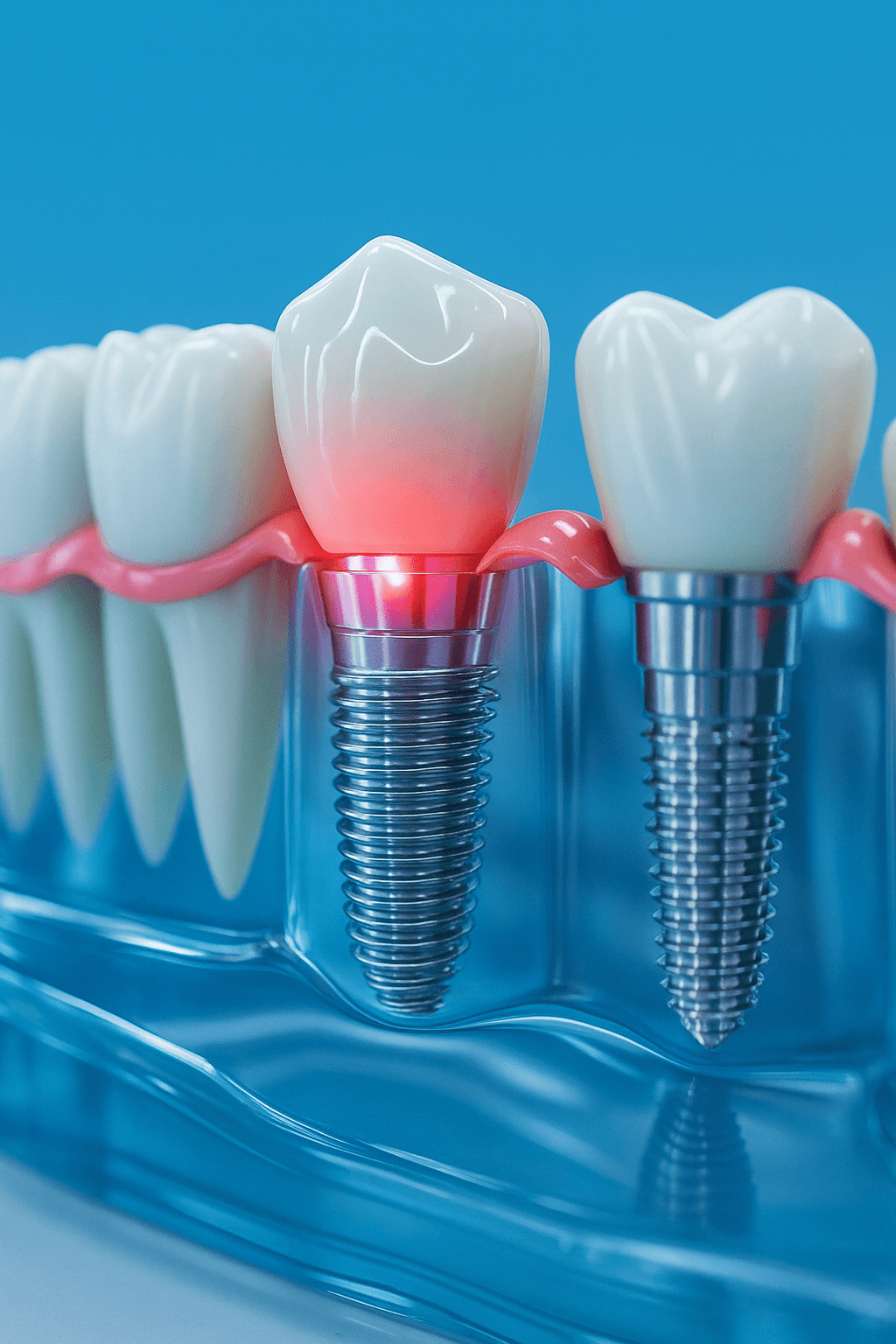 3D renderelt kép, egy fogászati implantátum felépítéséről és behelyezési technikájáról kék hátteren.
