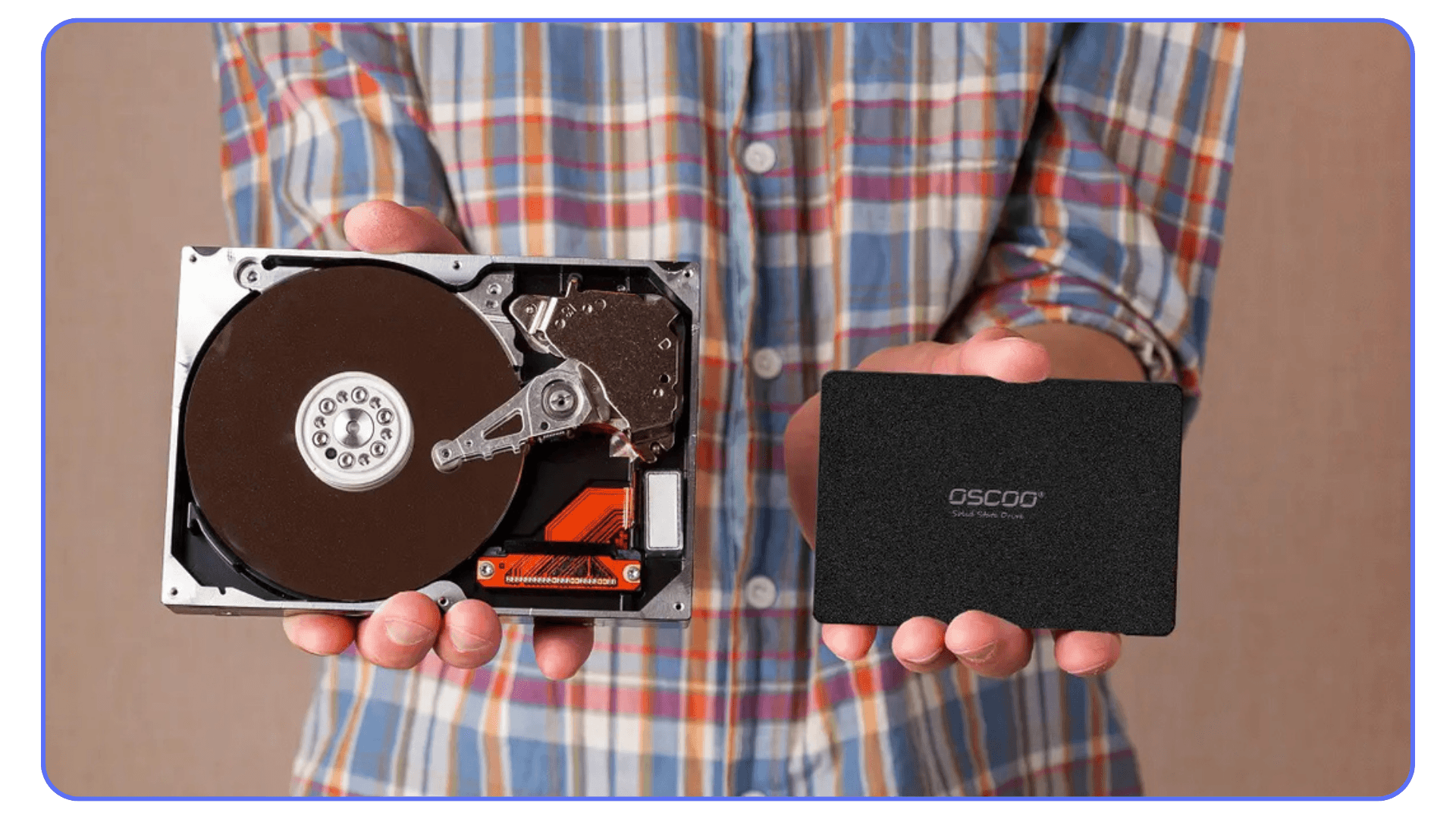 A person holding an opened mechanical hard drive in one hand and a solid-state drive in the other, illustrating speed differences.