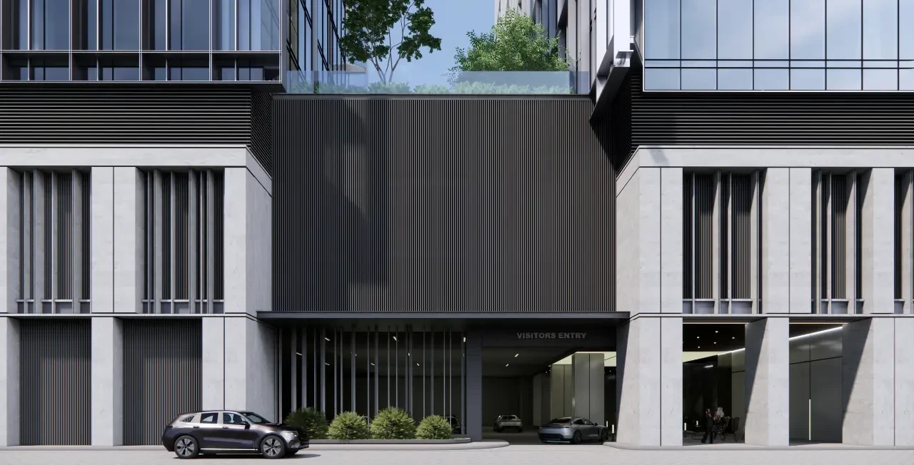 عنوان المقالة الذي يوفر دليل مركز دبي المالي العالمي، وتُظهر الأبراج الحديثة والواجهة المتميزة في الخلف.