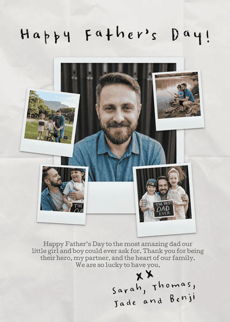 Father's Day card template on crumpled white paper with a central dad photo, Polaroid surrounds, and handwritten lettering.