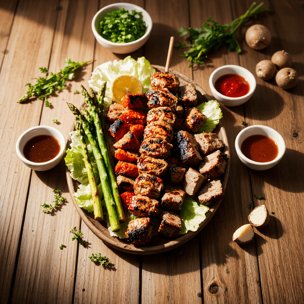product photography of a platter of grilled meats with vegetables and sauces