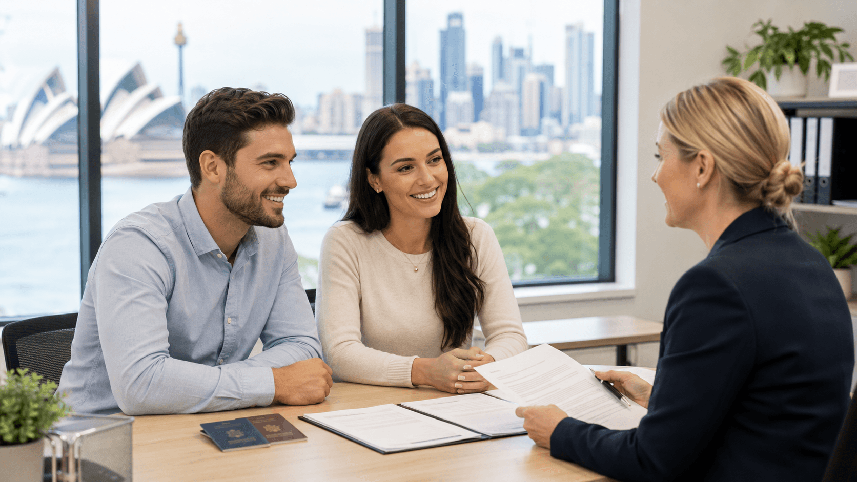 Engaged couple attending a Subclass 300 Prospective Marriage Visa consultation with an Australian immigration lawyer in a modern Sydney office