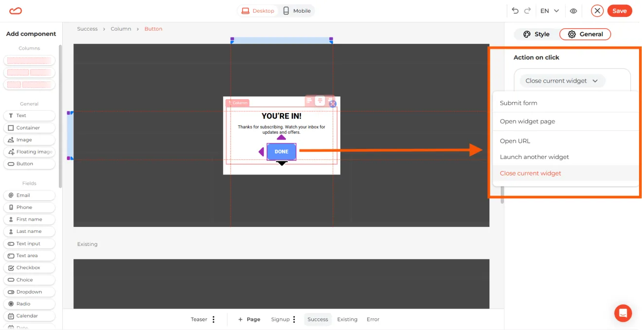 Thank you page settings for an email popup built in Claspo