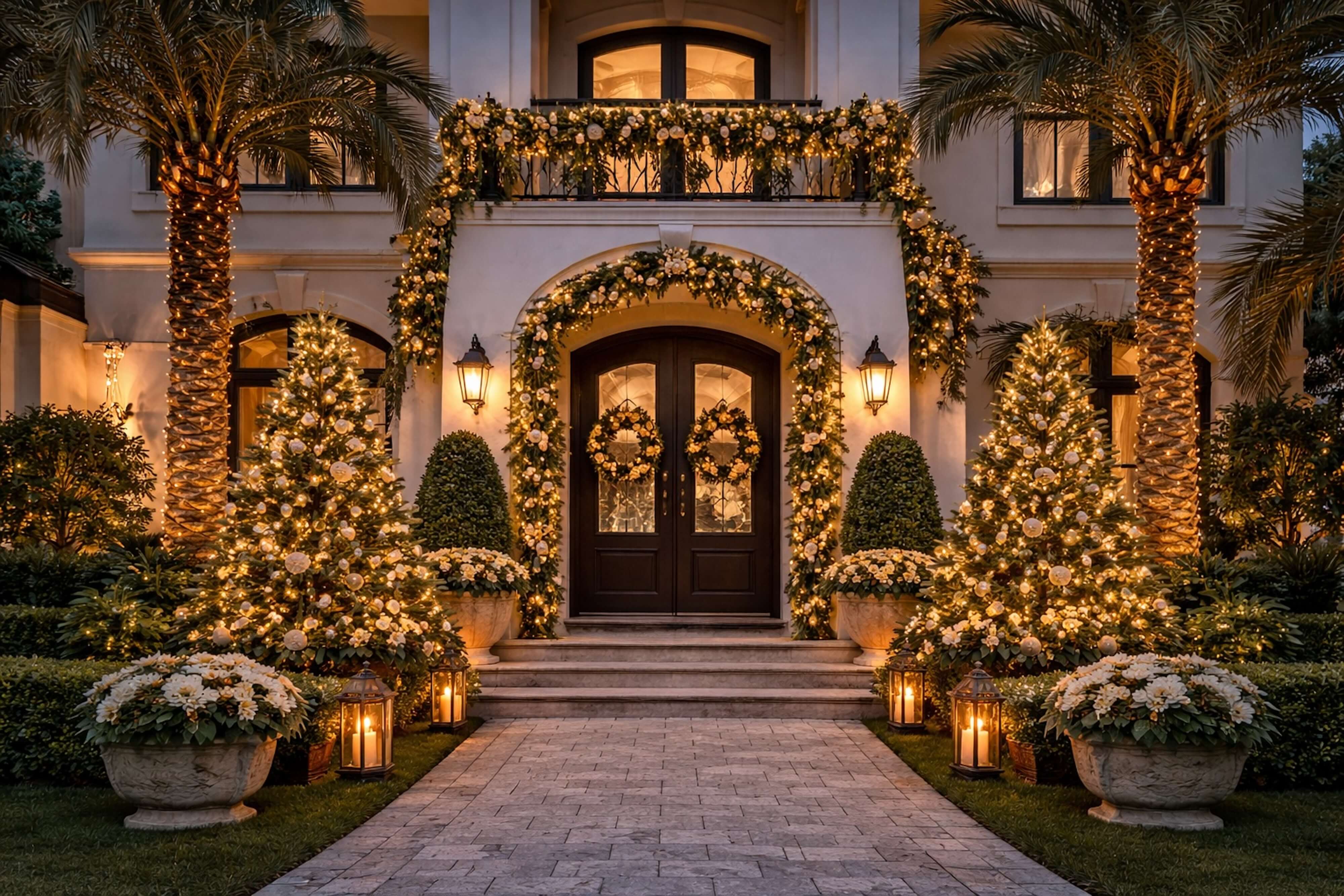 Exterior of a luxury South Florida home decorated for the holidays with illuminated palm trees, elegant garlands, wreaths, warm white lights, and a grand front entrance styled for year-end entertaining.
