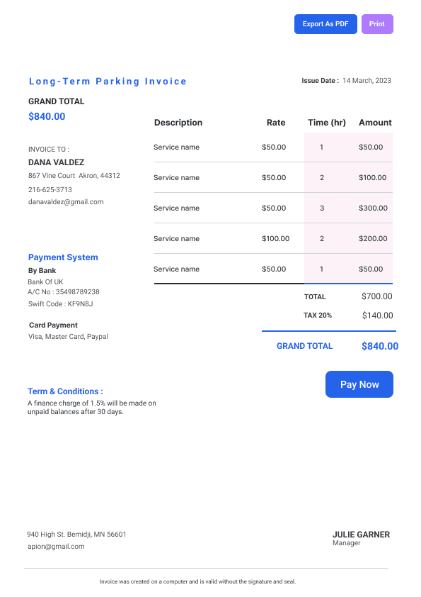 Long-Term Parking Invoice