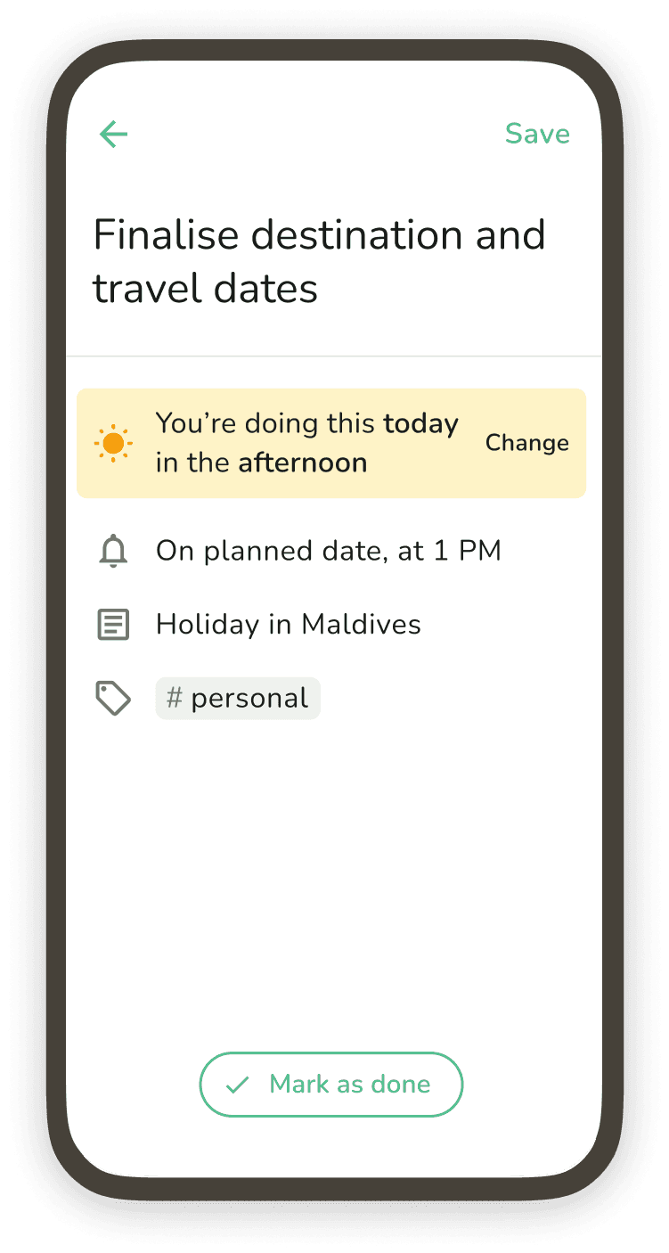 A screenshot of a Do Everything task with destination and date details, showing the start date and reminder options.