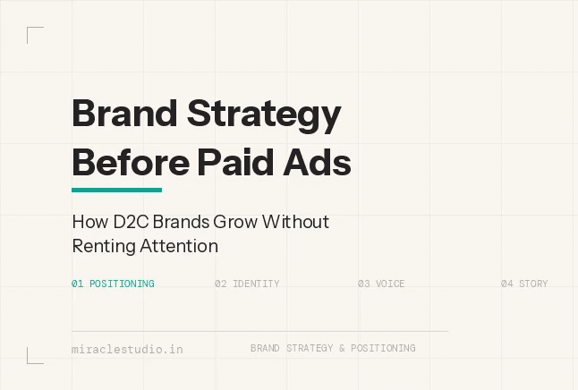 Brand strategy framework diagram with positioning, identity, voice, and story pillars — D2C growth without paid ads