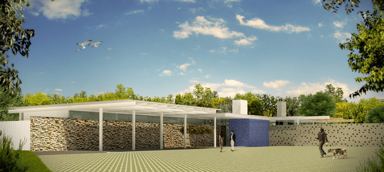 HAUS by IMaestri Group: Front exterior view of the modern home featuring a strong stone wall base and a distinctive blue tiled entrance area.