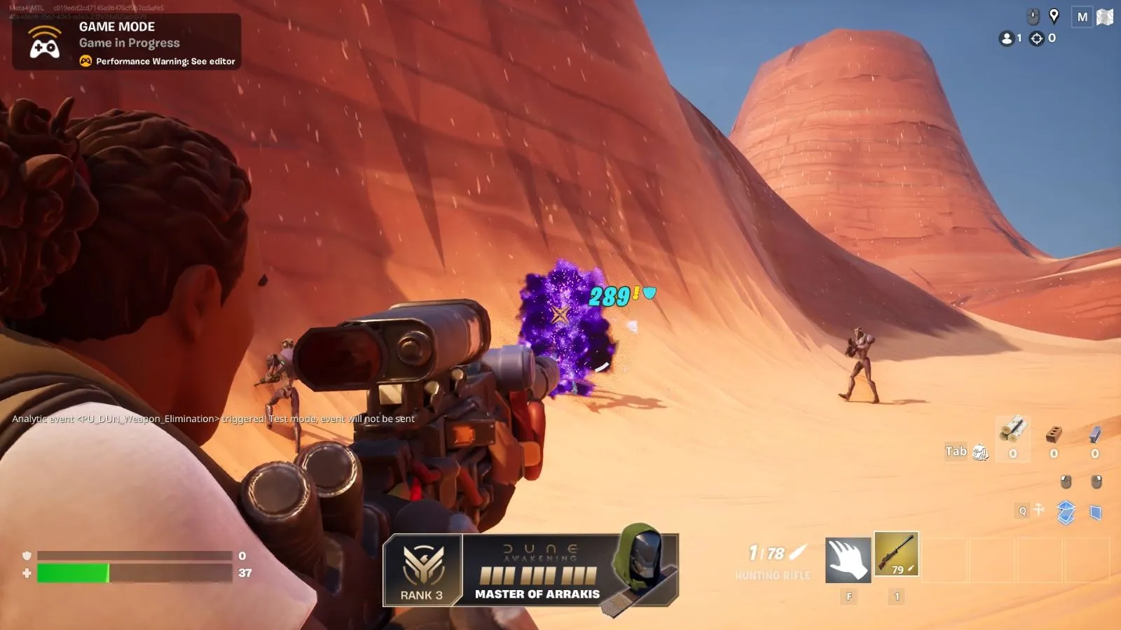 A player character with a scoped rifle takes aim in a desert landscape, targeting an enemy that explodes into vibrant purple particles upon impact during a video game match.