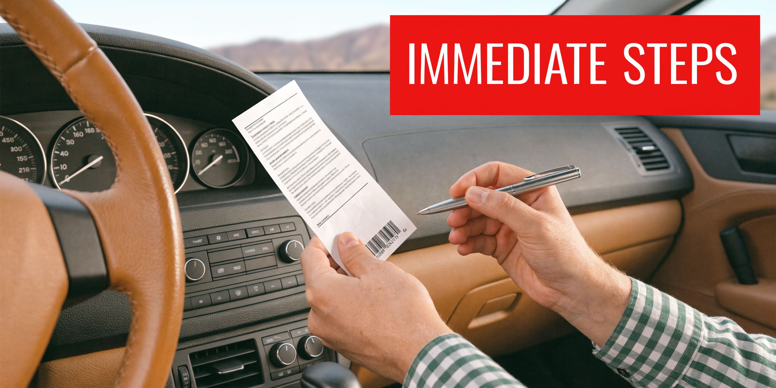 A person sitting in a car driver's seat holding a speeding ticket and a pen.