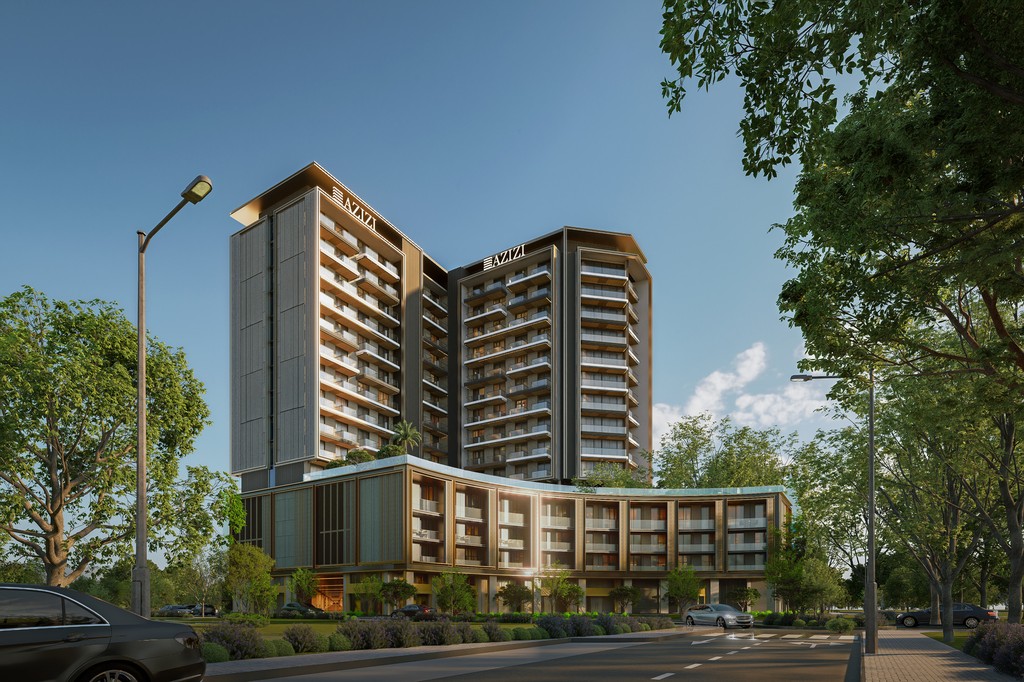 A modern building, Azizi Gabriel, characterized by its extensive balconies.