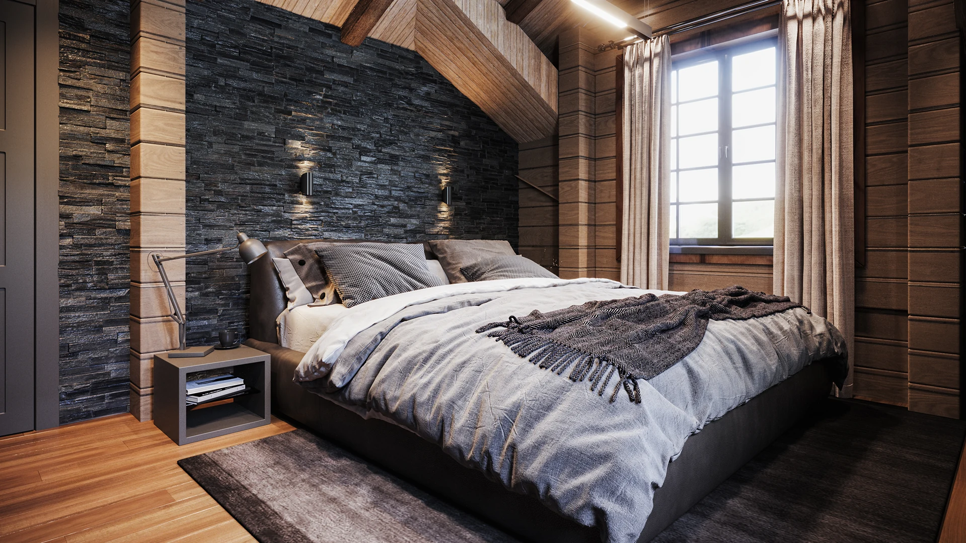 Chambre avec lit capitonné, mur anthracite et appliques de chevet.