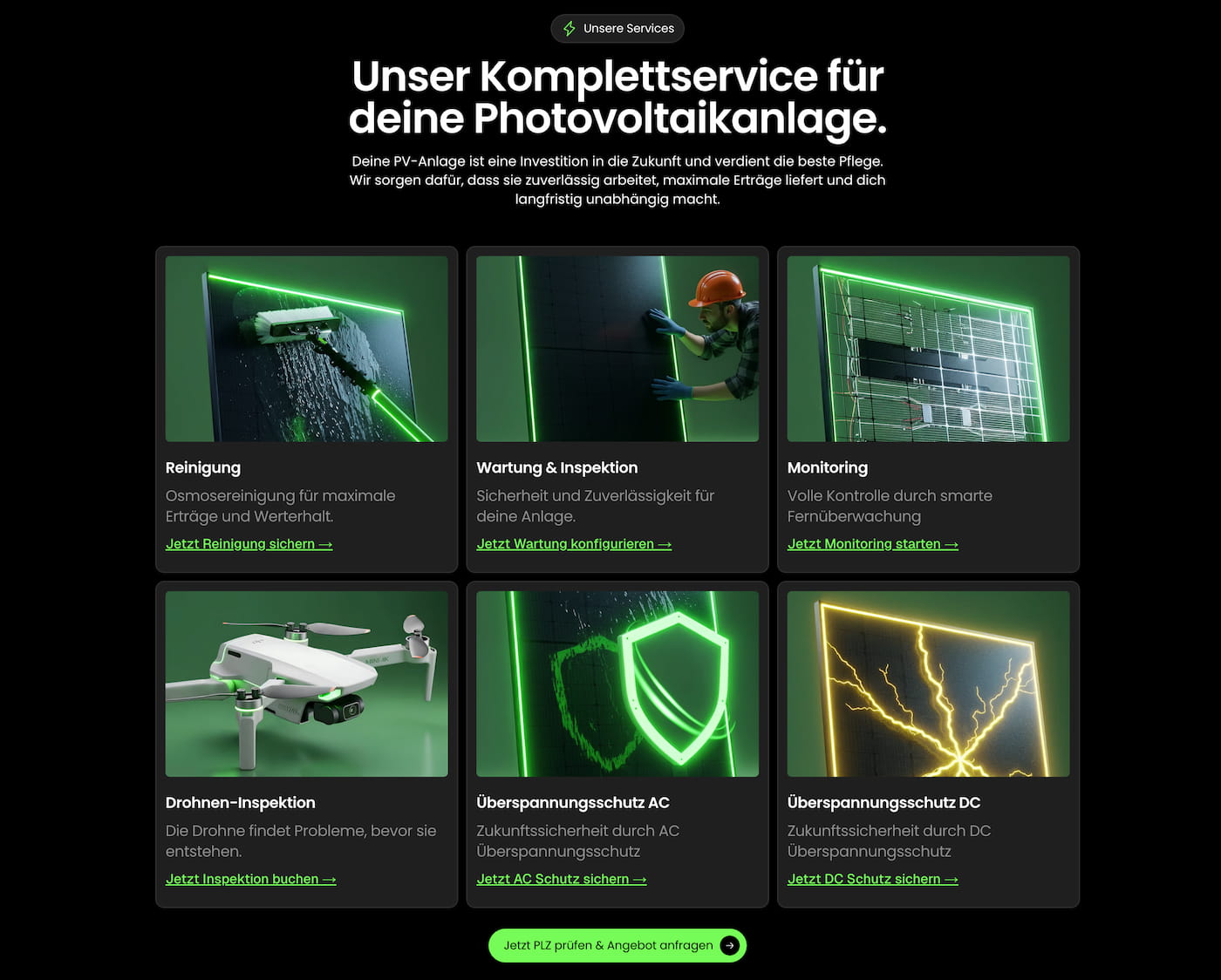 Übersichtliche Darstellung der Service-Leistungen eines Solar-Unternehmens in einem modernen Grid-Layout – Professionelles Webdesign für Solarfirmen von Webnity-X.