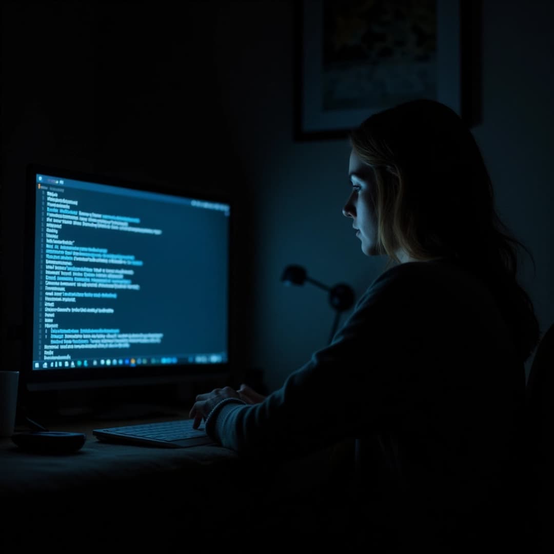 eine frau sitzt in einem abgedunkelten Raum an einem Desktop