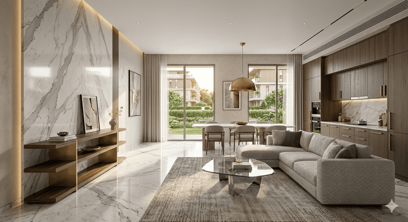Modern living room featuring Italian marble flooring and premium interiors in Sector 82