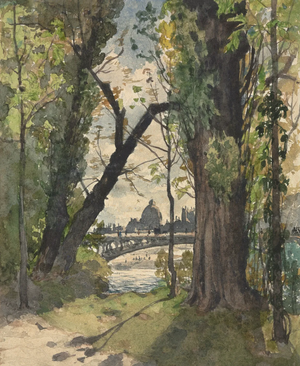 Watercolor painting of a bridge over a river, seen through trees