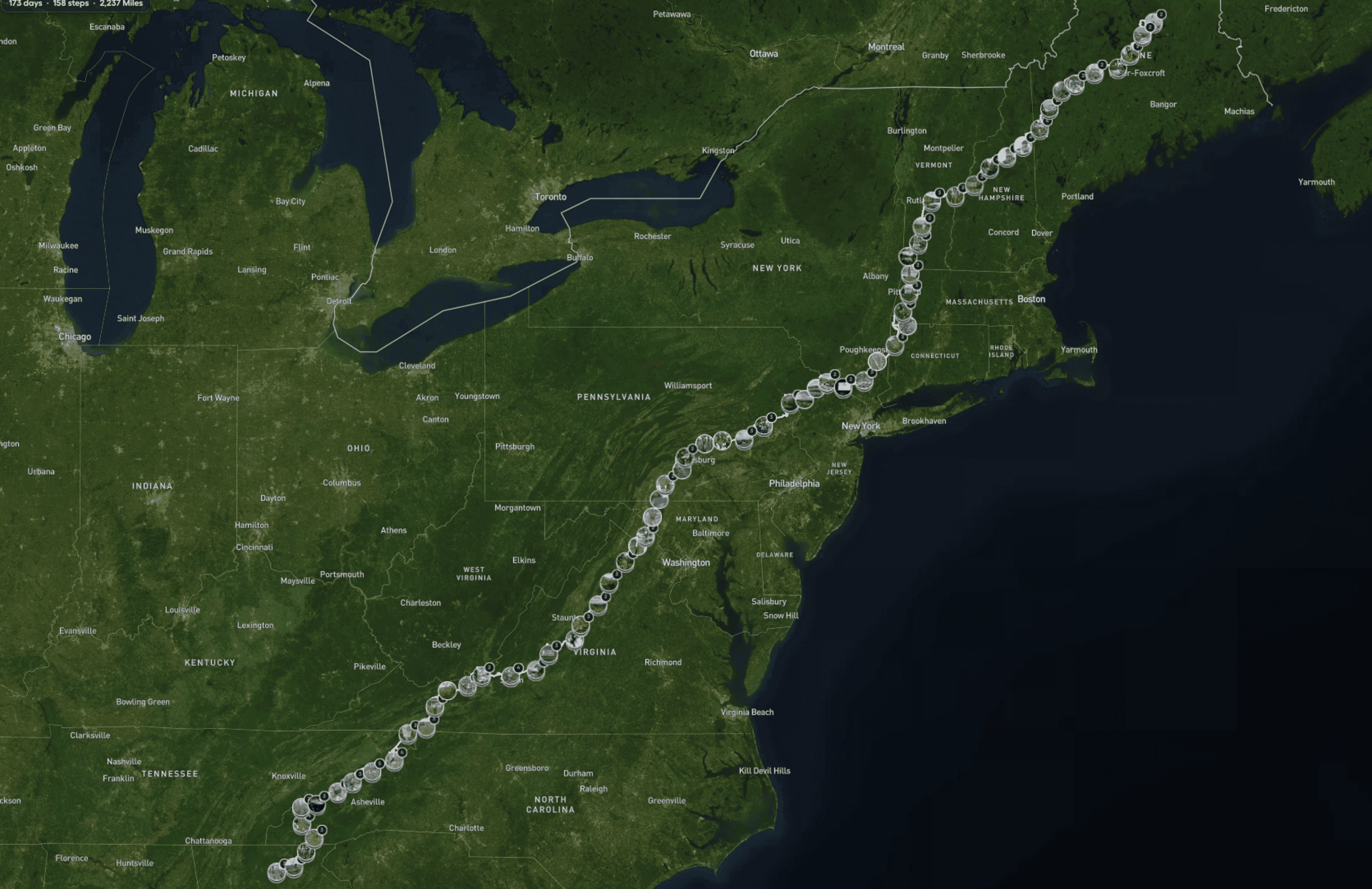 A Polarsteps map showing a tracked trip of the full Appalachian Trail, with numerous dots displaying the steps placed along the way.