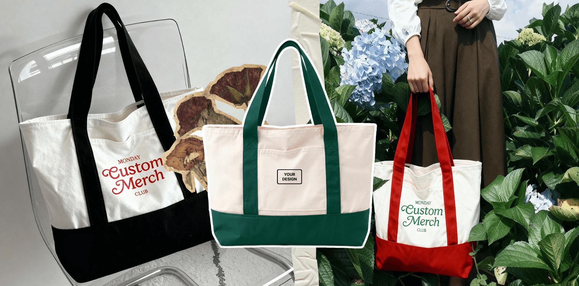 Custom canvas tote bags in black, green, and red with contrasting handles and branded print designs.