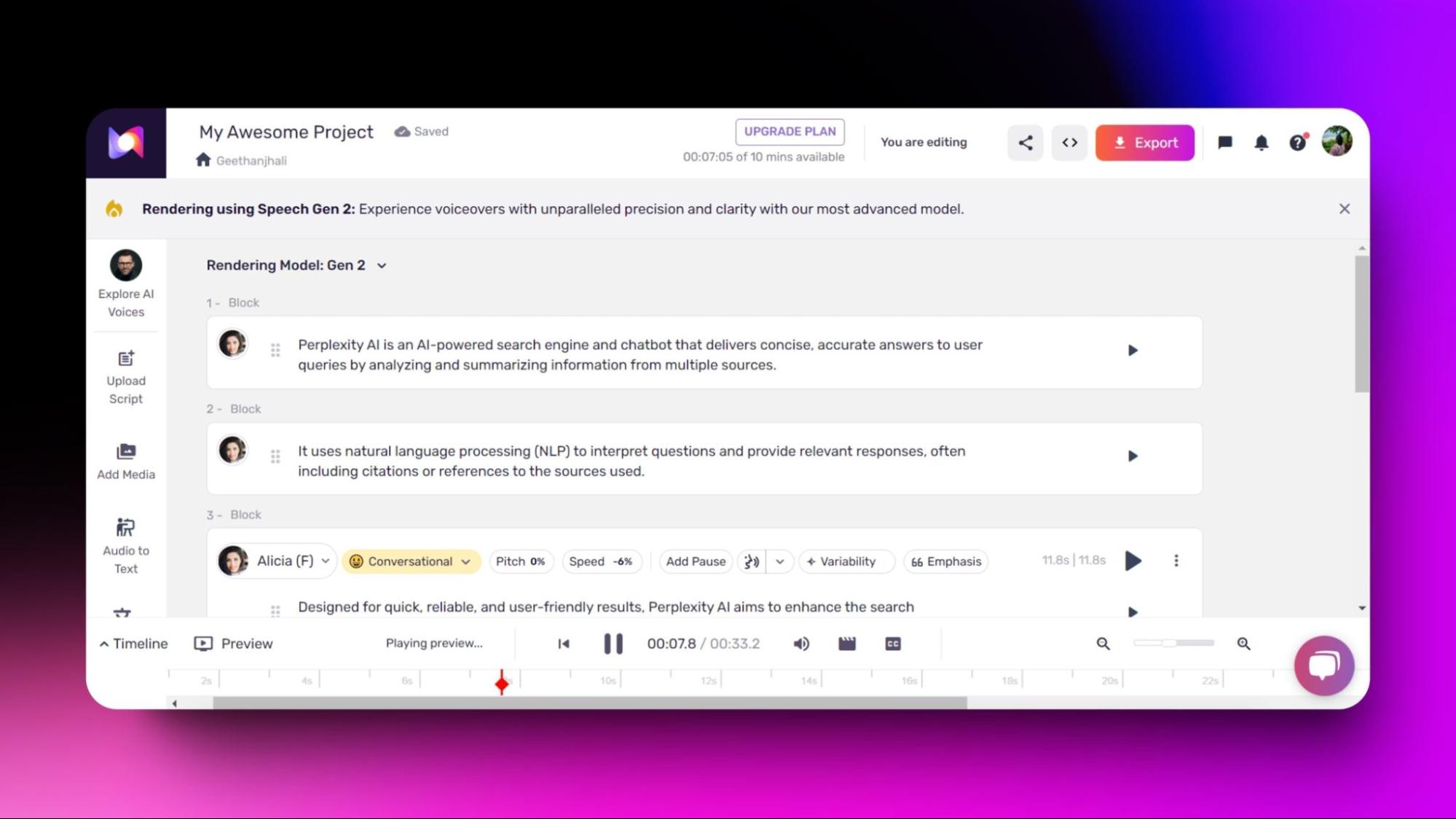 Screenshot of Murf's AI voiceover tool in progress, showing rendered voice blocks and settings for voice speed, pitch, and variability in a project interface.