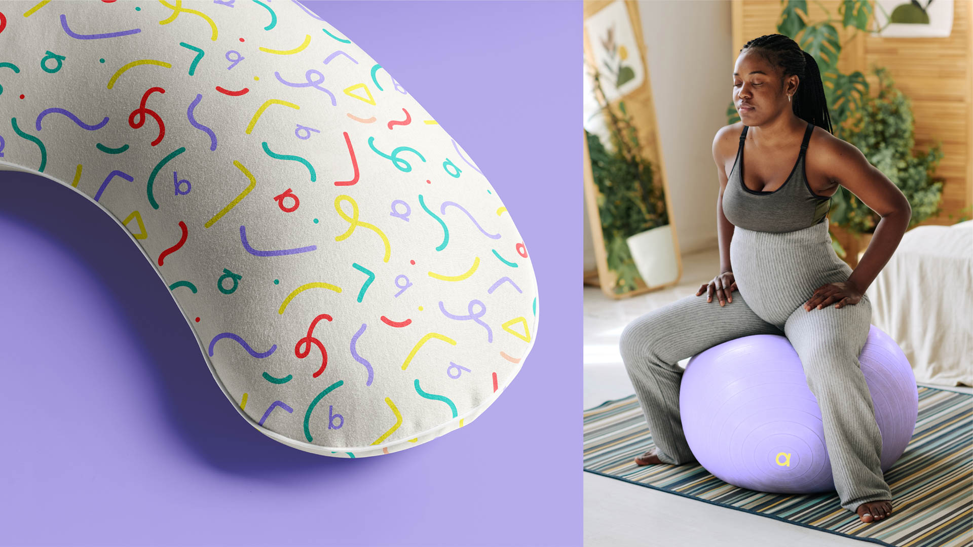 A split image shows a white exercise mat with multicolored confetti patterns on the left and a woman sitting on a purple exercise ball in a room with light-colored flooring and plants on the right. The woman wears a gray sports bra and gray leggings with bare feet. The exercise ball is on a striped rug. The left side of the image is a close-up of the mat’s surface. The right side shows a wider view of the woman seated on the ball.
