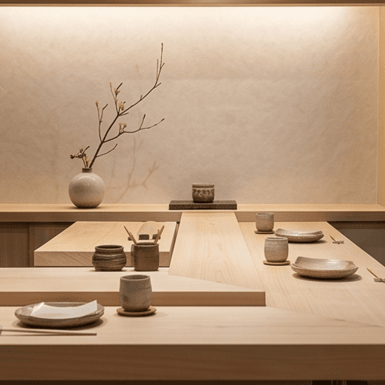 Minimalist Zen-style restaurant interior featuring a Hinoki wood counter and elegant floral arrangement.