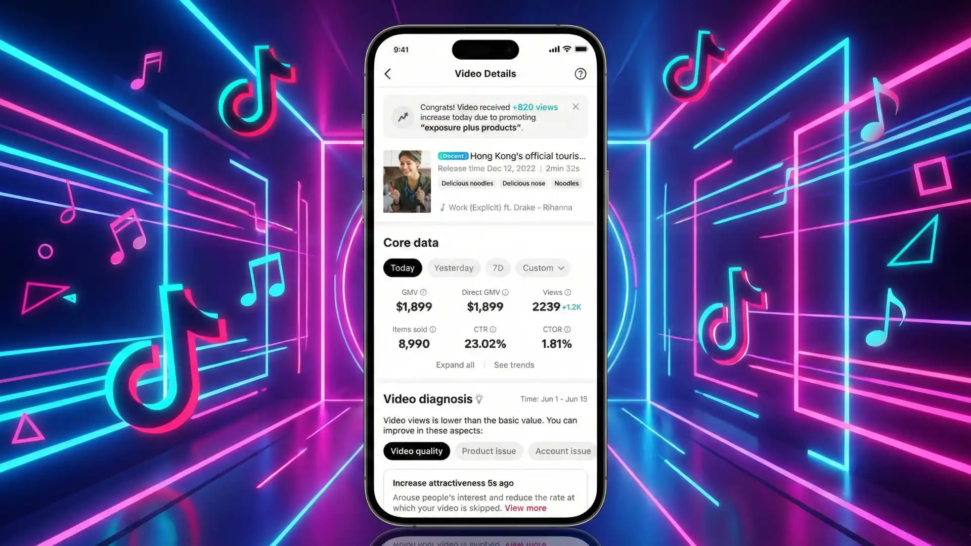 TikTok Creator Center video analytics dashboard displaying Decent tag, GMV metrics, CTR, and Video Diagnosis for quality score optimization
