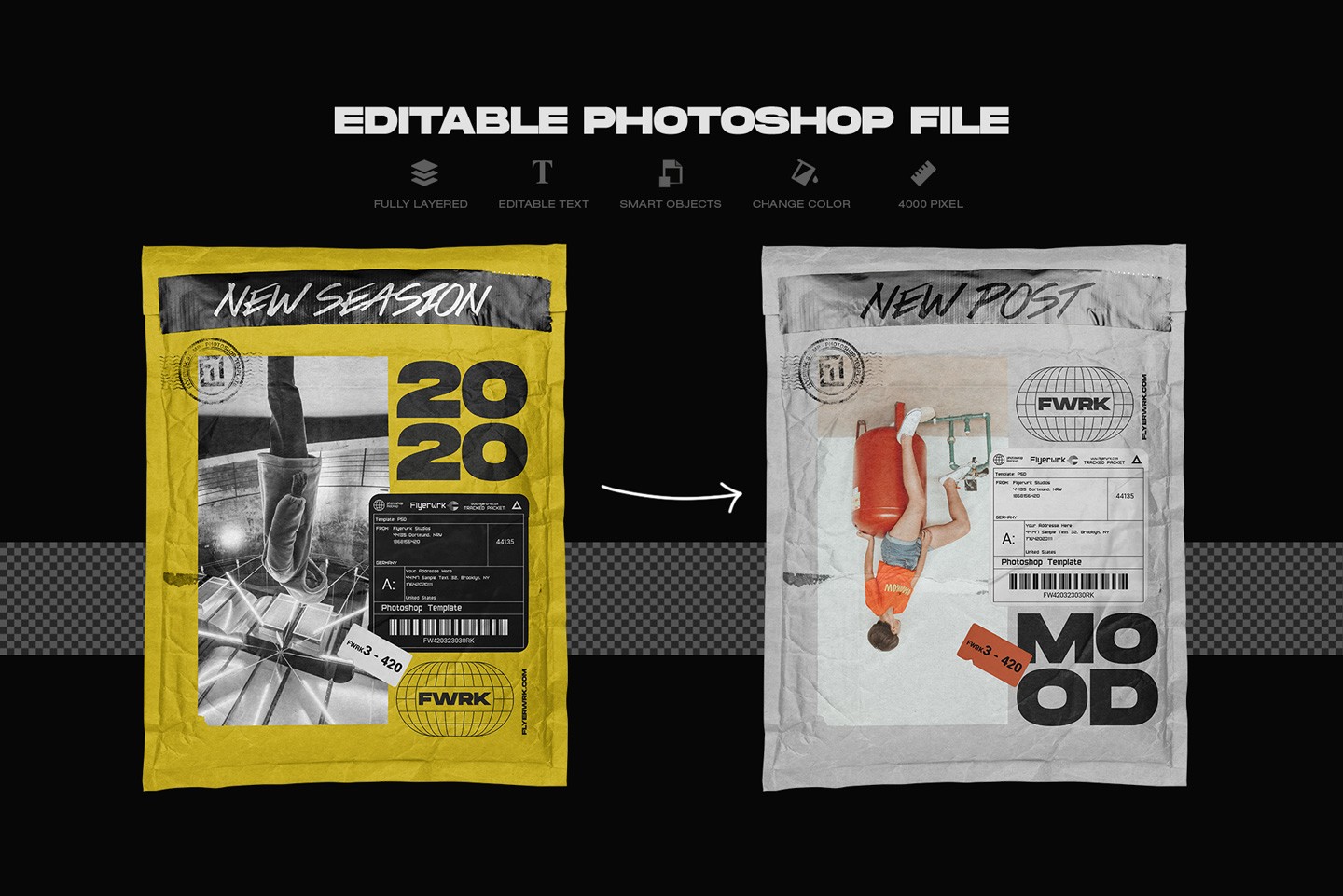Paper mailing bag mockups showing customizable packaging design example in Photoshop