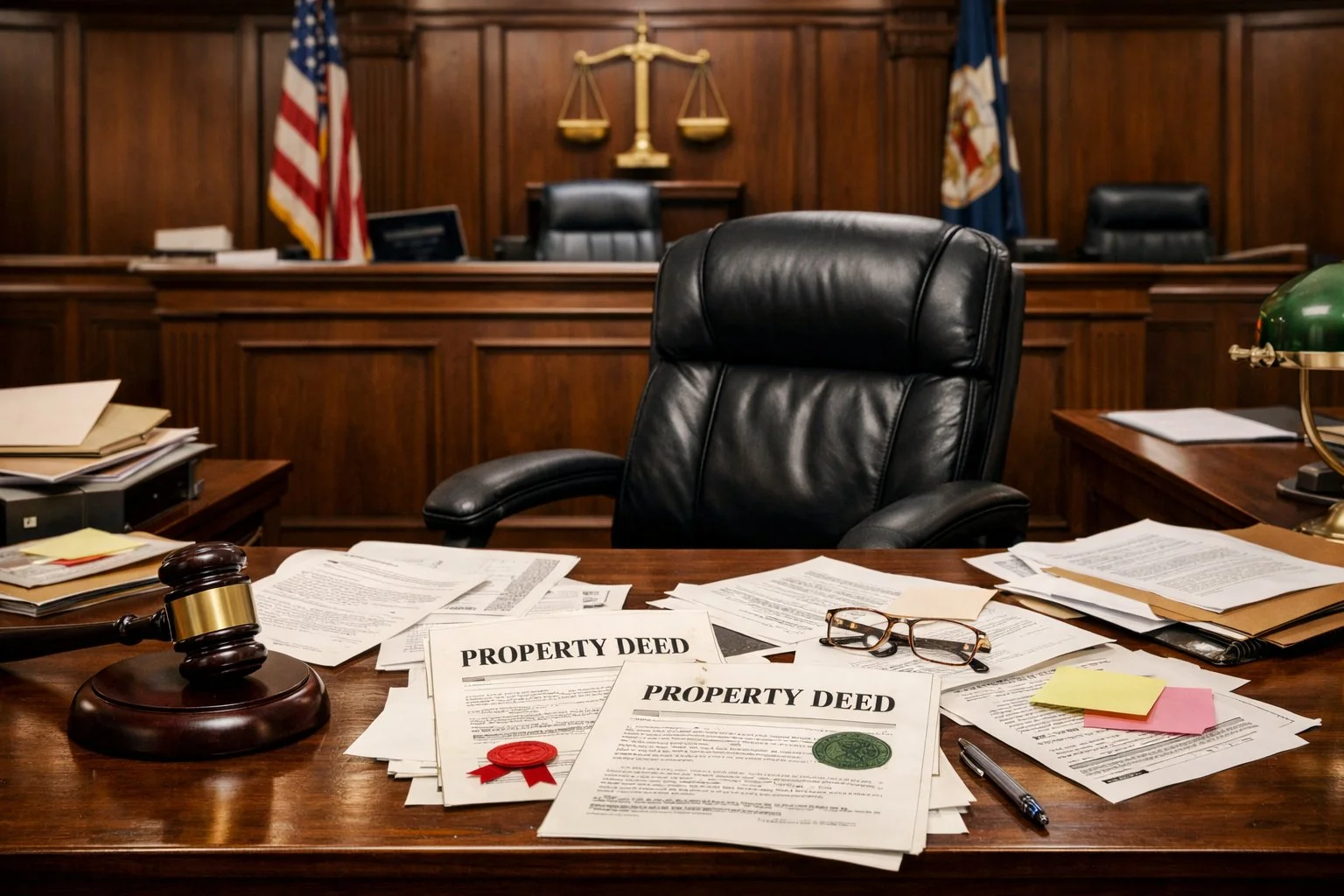 Courtroom scene with a gavel, property deeds, and an empty administrator’s chair, with scattered papers suggesting active case management.
