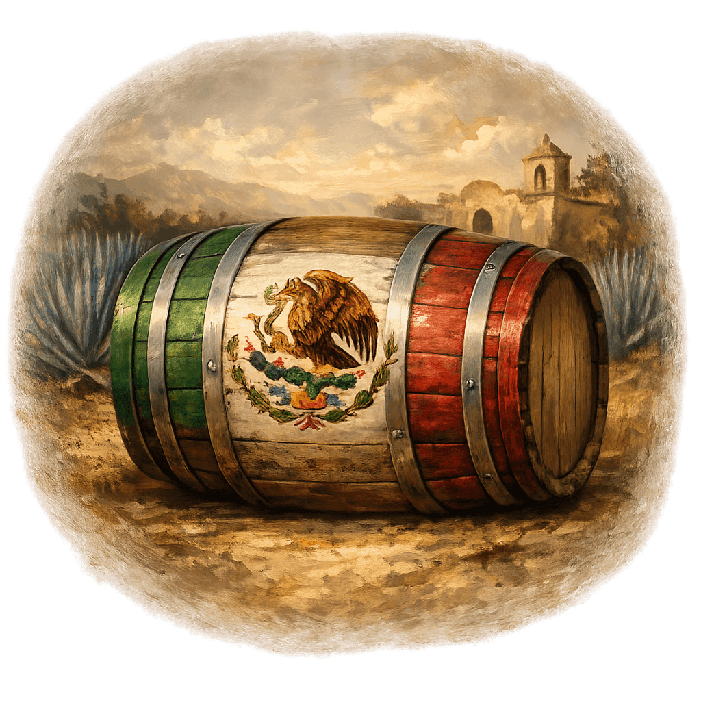 Wine barrel featuring the Mexico national emblem for regional wine education.