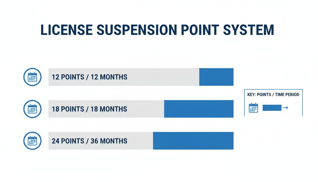 Infographic showing a license suspension point system with tiers for 12, 18, and 24 points over different time periods.