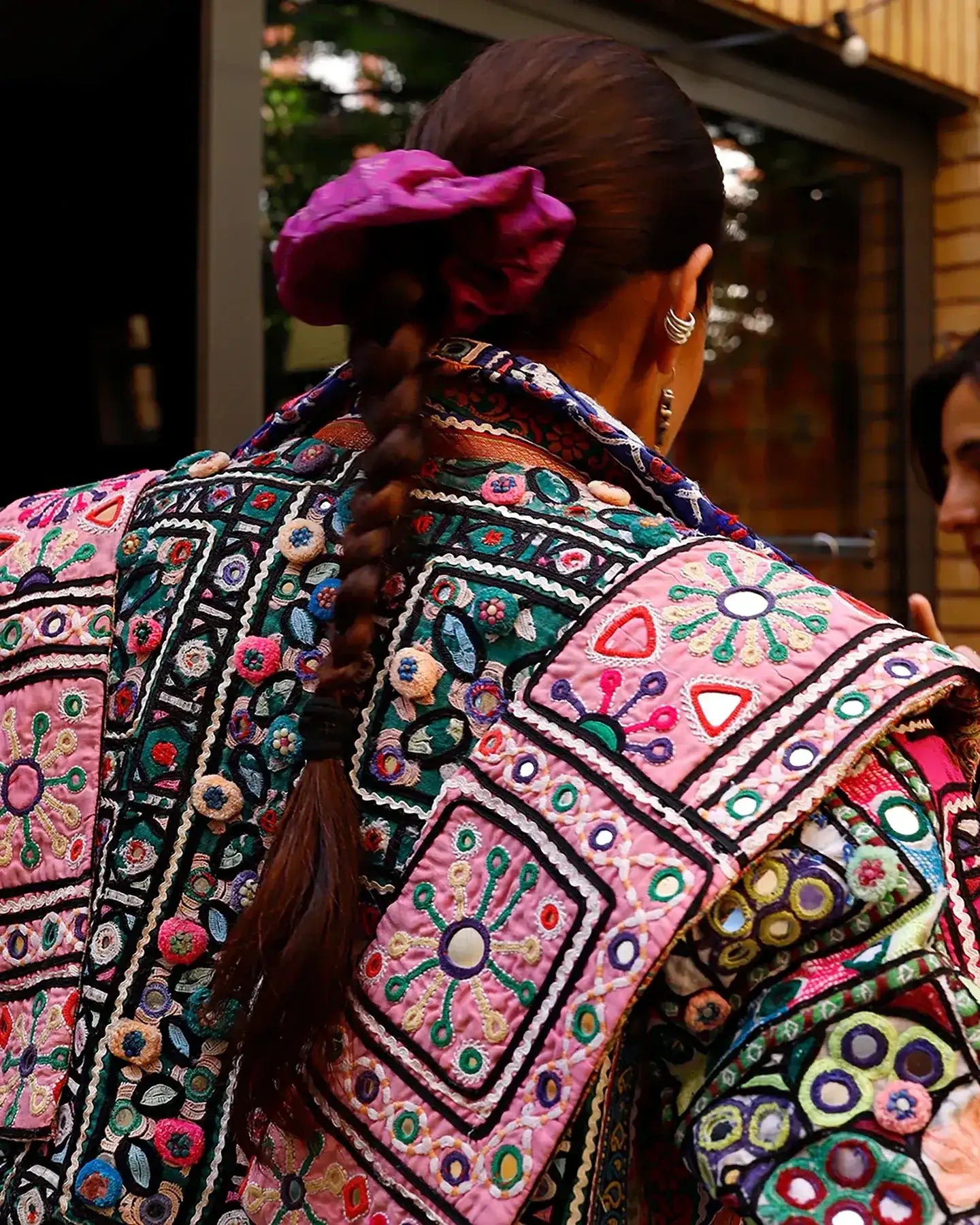 Chola No. II hand-embroidered jacket made from vintage Rabari Cholis with intricate threadwork, mirror detailing, and bold motifs in a contemporary silhouette.