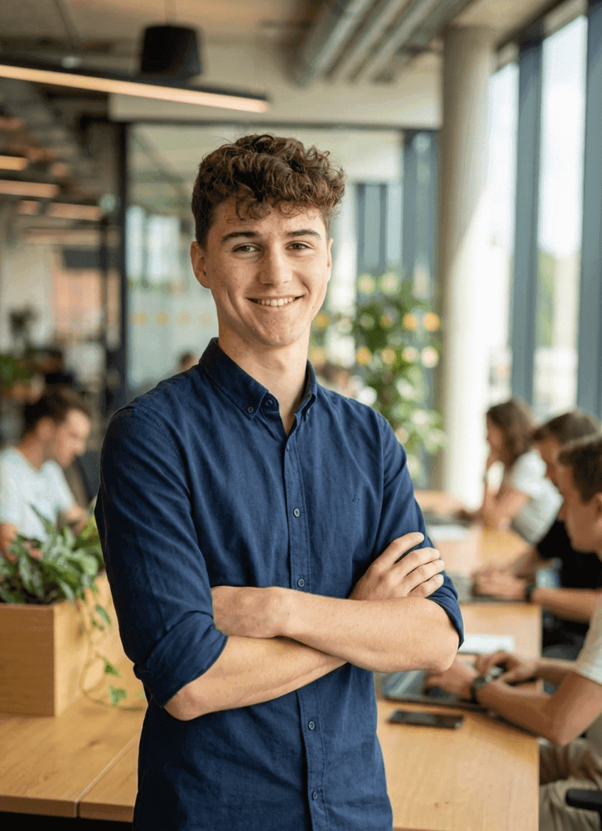Un homme en chemise bleu marine debout bras croisé dans un coworking