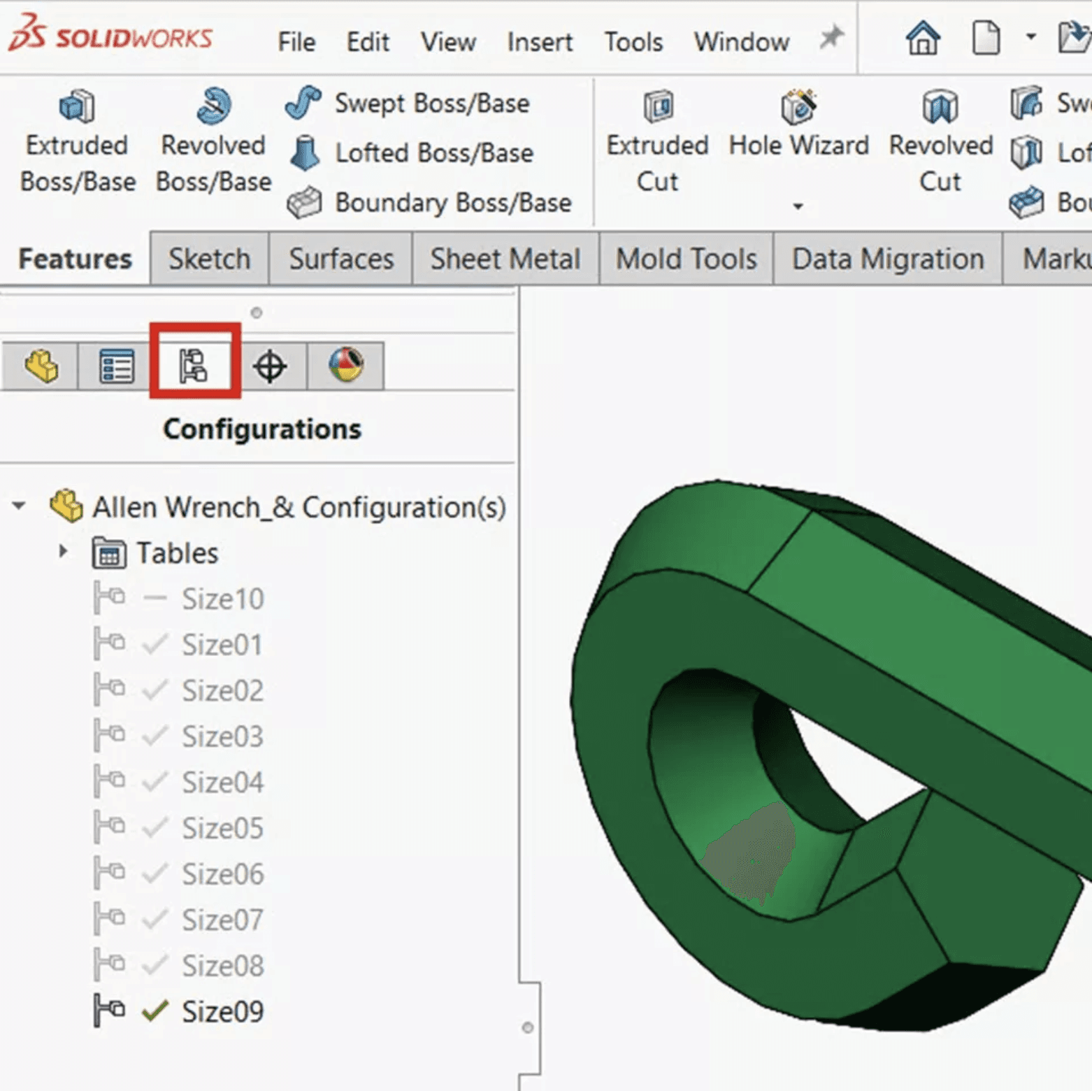 SolidWorks ConfigurationManager showing multiple size configurations for an Allen wrench model.