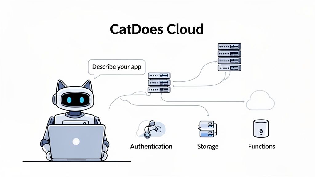 CatDoes Cloud architecture diagram with a robot cat, servers, authentication, storage, and functions.