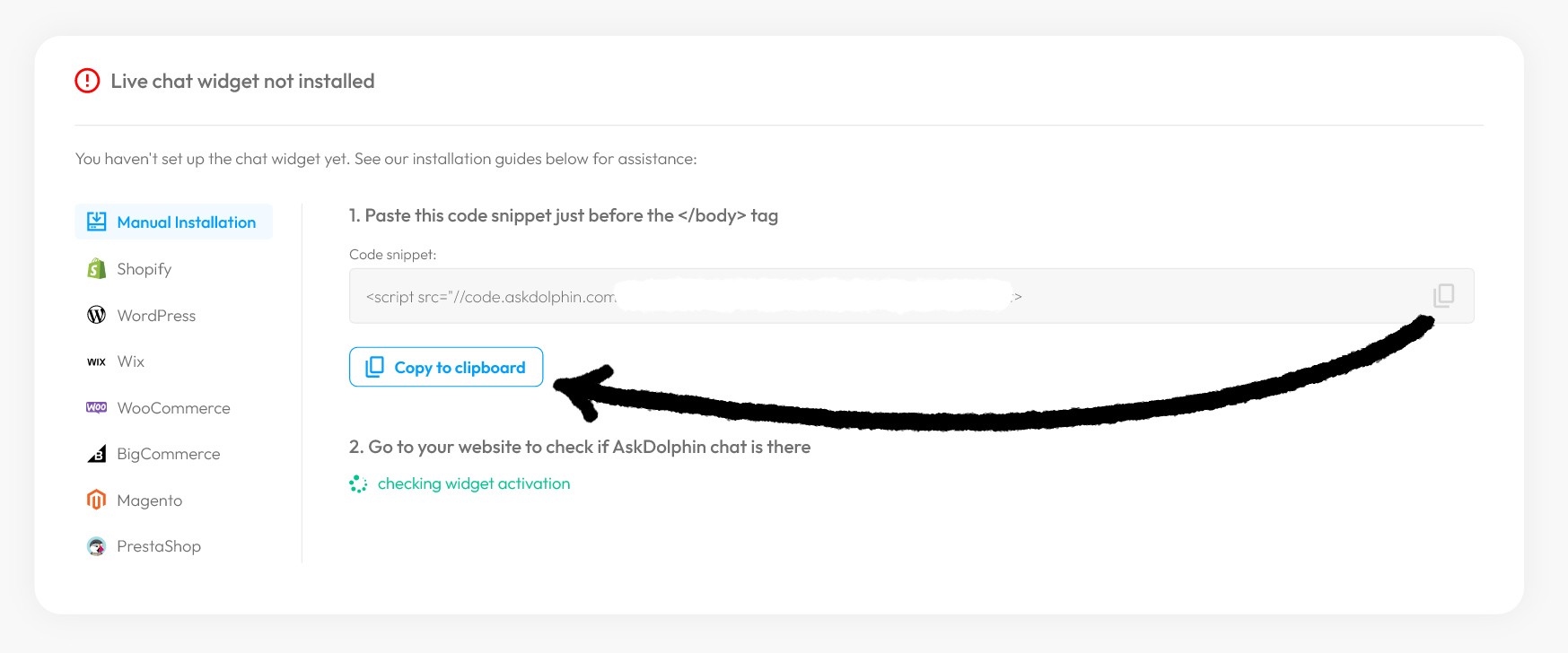 AskDolphin installation page with an arrow pointing to the Copy to clipboard button for the chat widget code snippet.