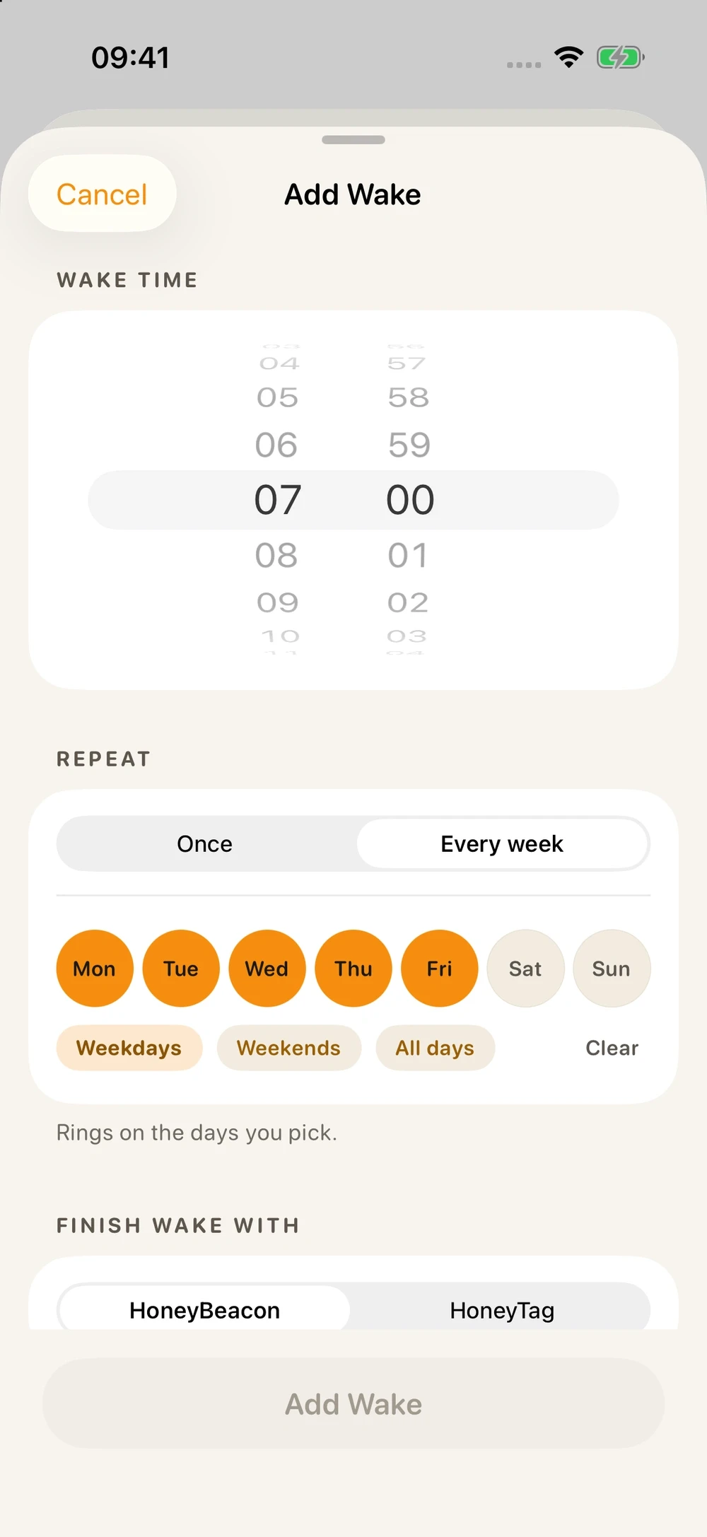Actual HoneyBeacon app showing Wake alarm settings
