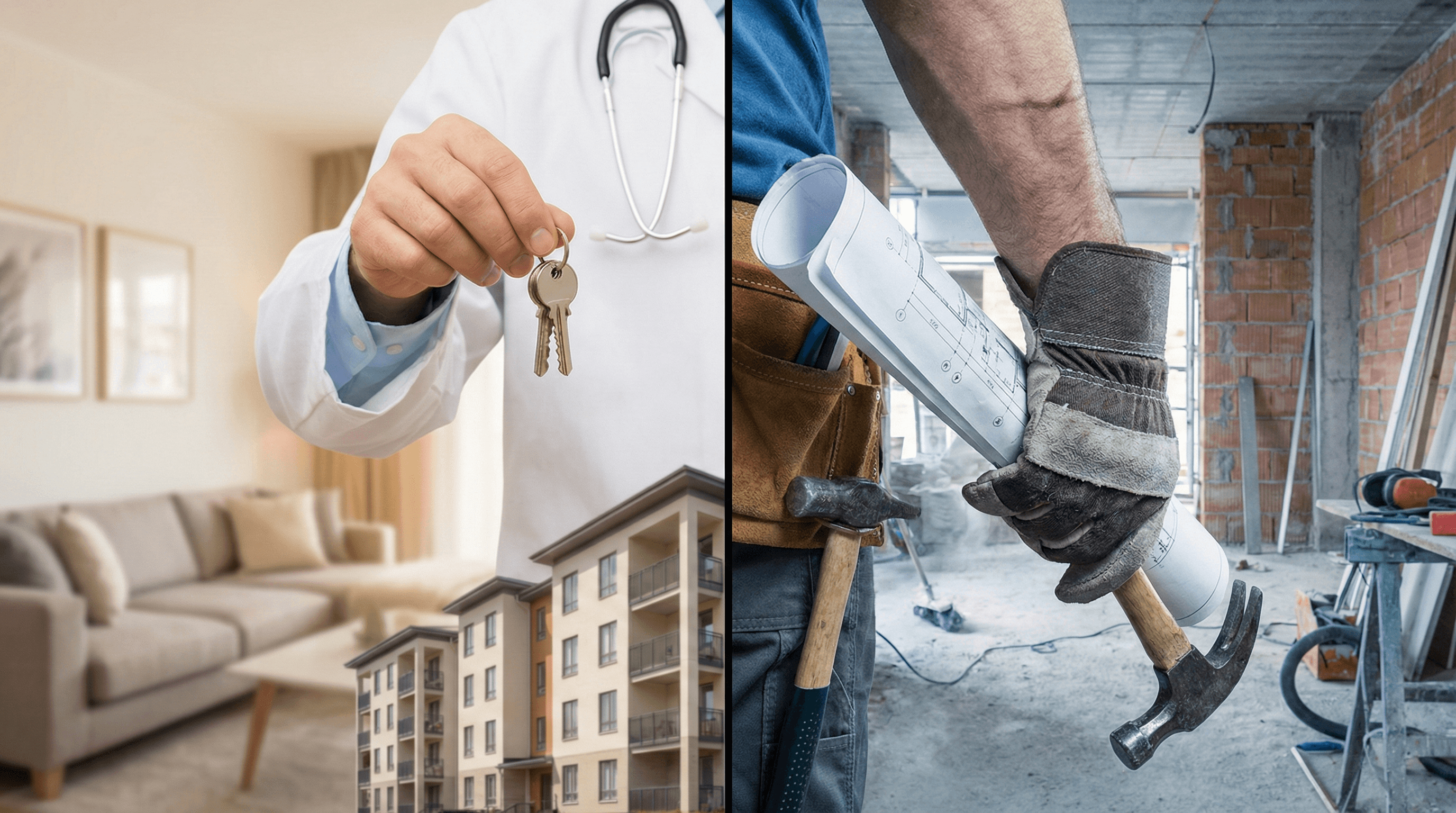 Arzt mit Wohnungsschlüssel vs. Hammer