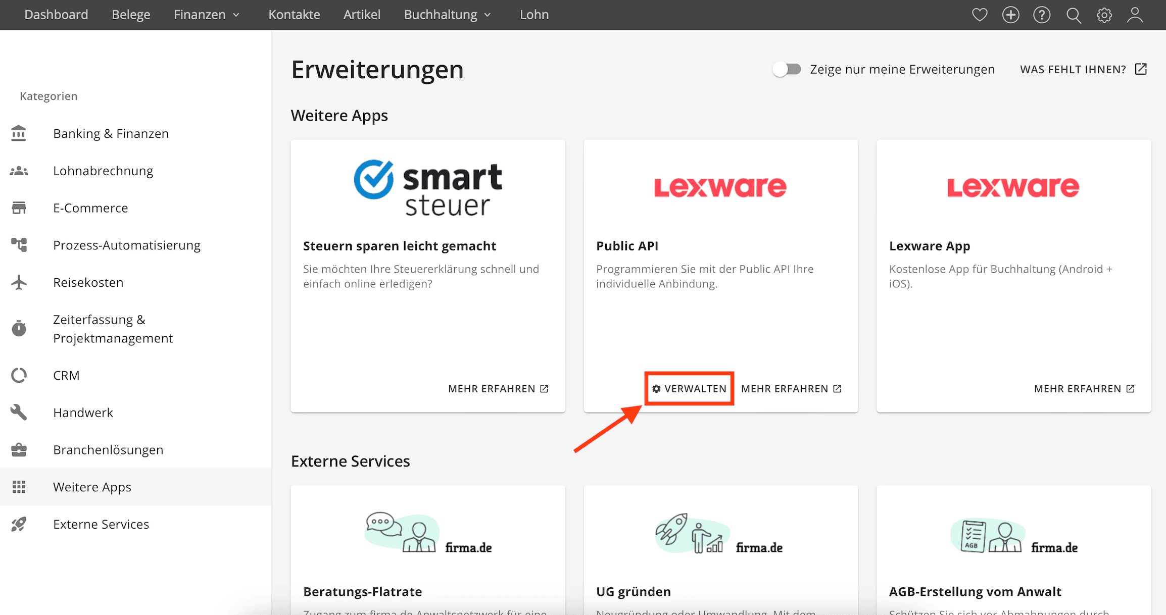 Lexware Erweiterungsseite