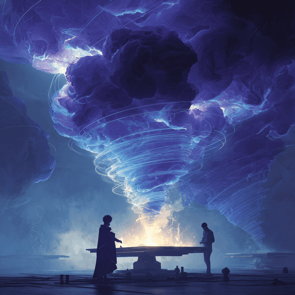 A powerful split-scene concept art showing the contrast between illusion and strategy on one side, a flamboyant magician cloaked in swirling purple smoke, conjuring hollow, glittering funnels that float but collapse mid-air, symbolic of hype and short-term tactics; on the other side, a focused, futuristic architect silhouetted in crisp white-blue light, standing over a glowing blueprint table with holographic marketing funnels and brand systems rising like digital skyscrapers. The setting is a surreal digital realm blending metaphysics and technology. Between them, a beam of radiant clarity (gold and cyan tones) cuts through the fog, symbolizing truth and transformation. Cinematic lighting, ultra-realistic detail. wide frame, abstract-meets-conceptual style, emotionally compelling and metaphorically rich. Avoid cartoon styling instead use sleek, high-concept art direction inspired by sci-fi futurism and mythic symbolism.