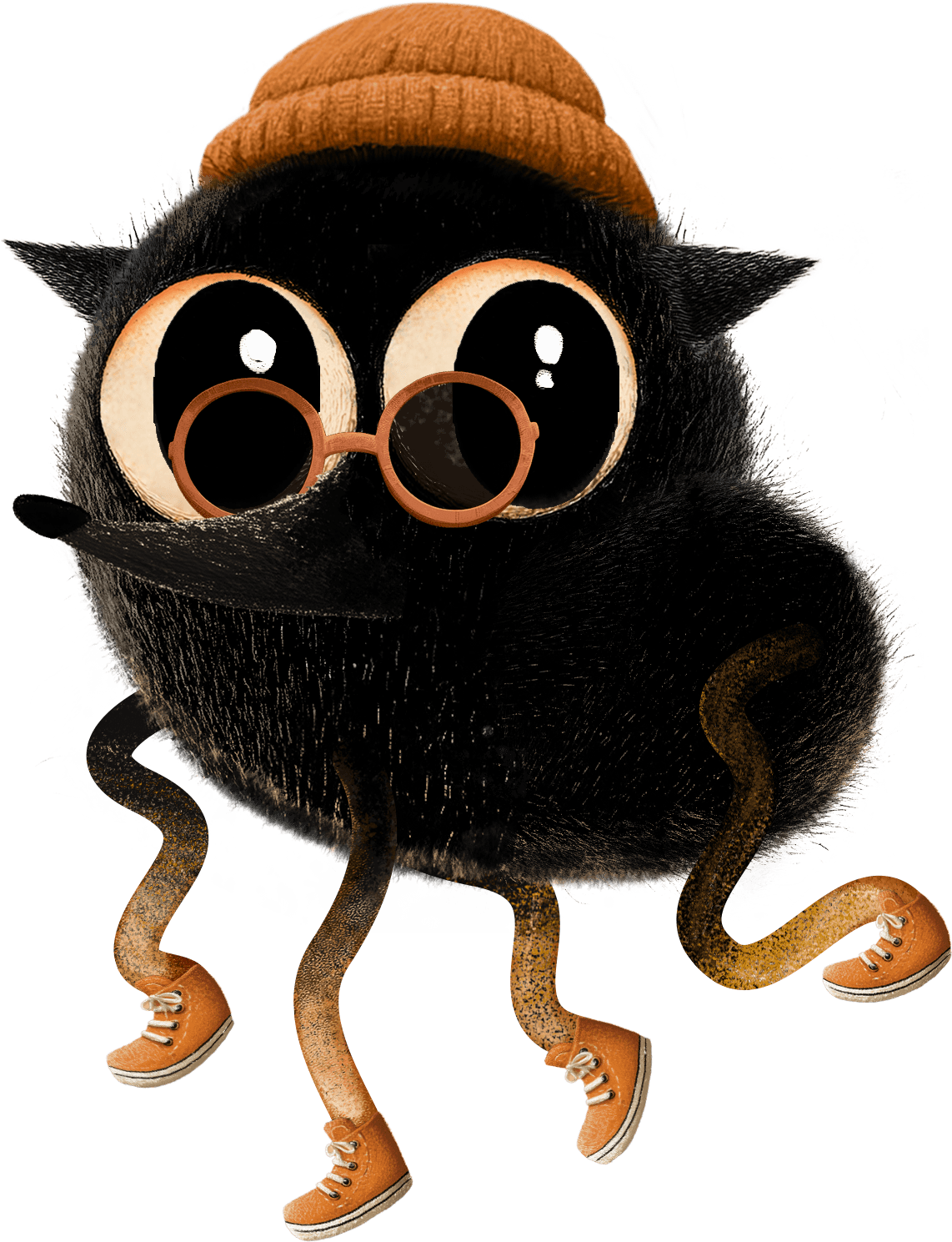a black fluffy creature with a beanie hat, converse sneakers and sunglasses