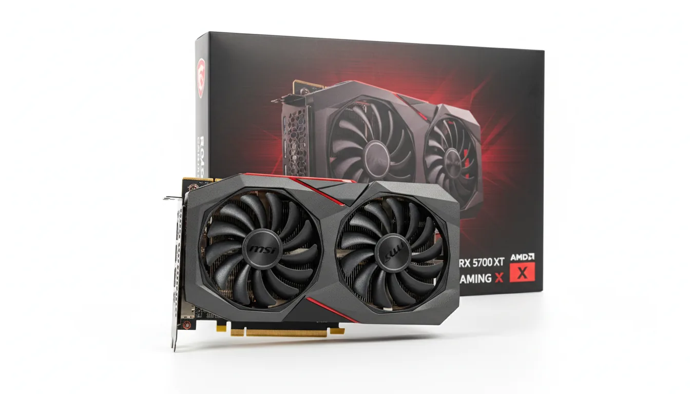 DSLR product photography of an MSI Radeon RX 5700 XT dual-fan graphics card and its retail box, shot on a seamless white background. The graphics card is in the foreground, featuring a black angular shroud and matte black fans. The black and red product box is positioned behind it at an angle, displaying a dark metallic texture. The scene is illuminated with bright, soft studio lighting, creating minimal shadows and highlighting the hardware details with sharp focus.