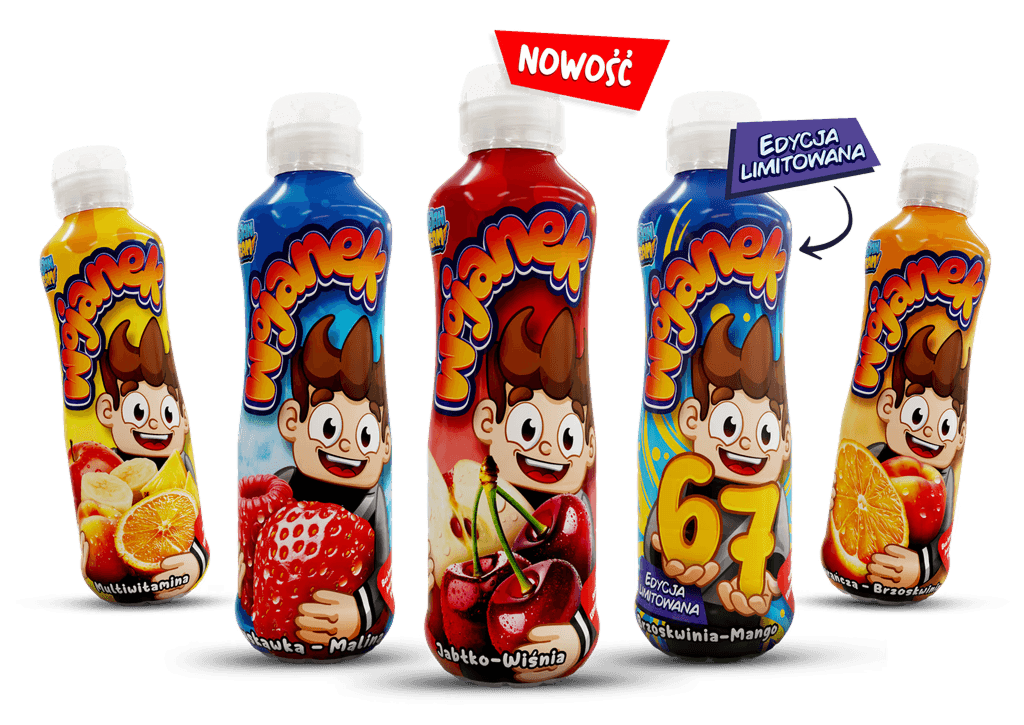 Wojanek – napój owocowy w butelkach, smaki truskawka i malina, pomarańcza i brzoskwinia, jabłko-wiśnia, brzoskwinia-mango,multiwitamina